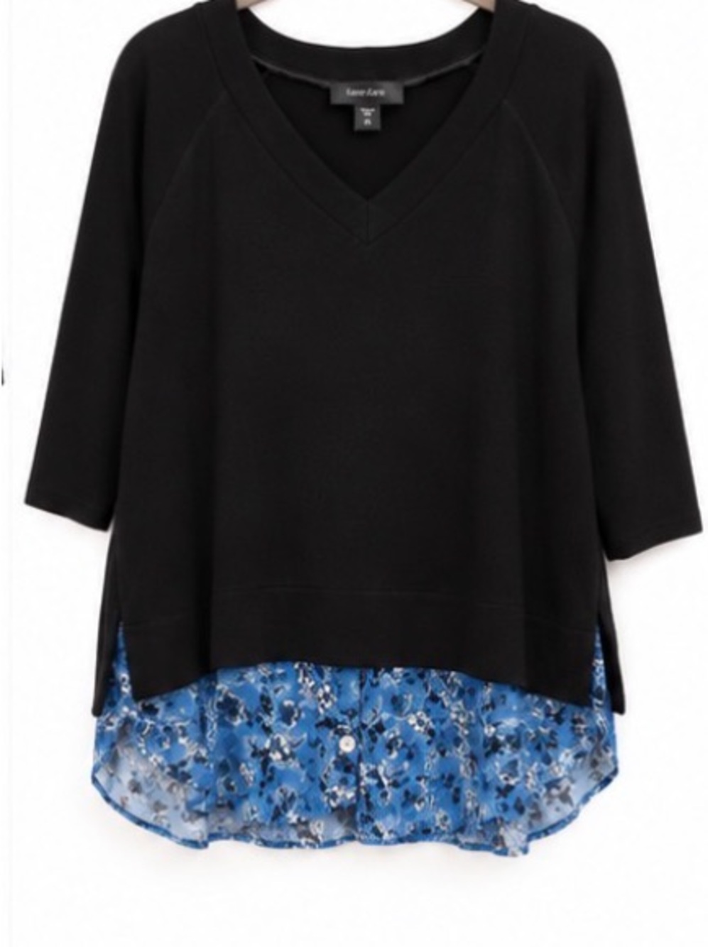 Karen Kane Black Layered V-Neck Sweater with Blue Floral Hem